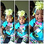 toddler, child, adult, flower_headband, colorful_clothing, beaded_hair, smile, blue_shirt, patterned_pants, indoor, portrait, person, holding, happy, family, triptych, casual, young_child, cute, expression