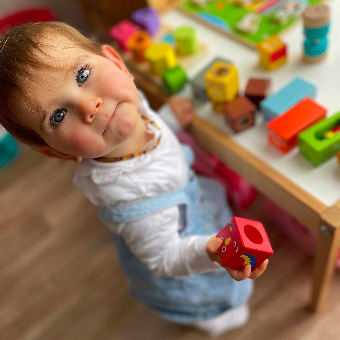 Ambre a rejoint le concours — aidez-le/la à gagner de superbes lots ! baby, bodypart, clothing, dress, face, finger, furniture, hand, happy, hardwood, head, indoors, interiordesign, person, photography, portrait, shelf, smile, toy, wood