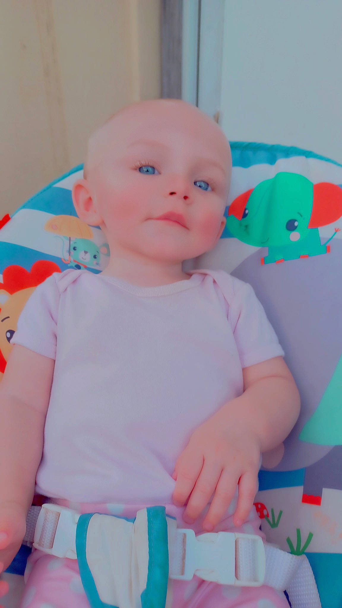 Acelynn is registered to the contest to win money with this photo: baby, baby_products, baby_toddler_clothing, baby_toys, cheek, child, fun, happy, linens, pattern, peach, person, pink, plastic, room, skin, sleeve, t_shirt, textile, toddler