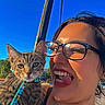 animal, blue_sky, cat, closeup, daylight, funny_face, glasses, harness, holding, human_face, leash, outdoor, person, pet, playful, smiling, sunlight, tabby_cat, tongue_out, wooden_pole
