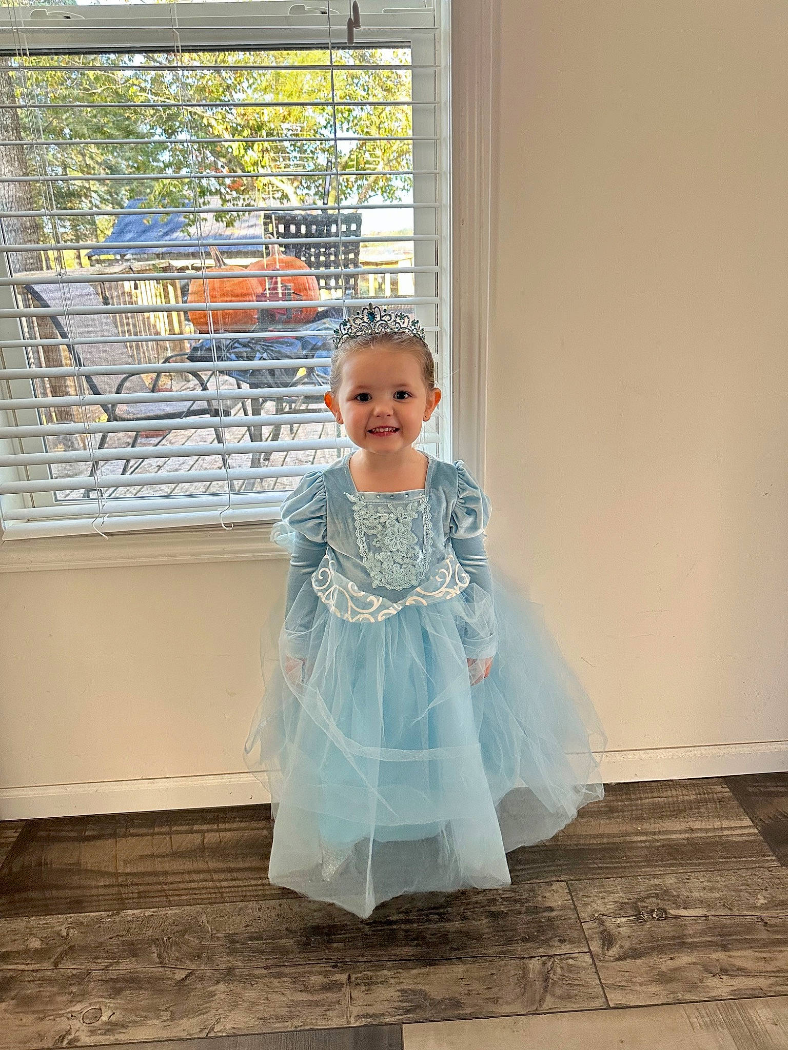Anna joined the competition — help win amazing prizes! baby_toddler_clothing, bridal_accessory, bridal_clothing, bridal_party_dress, dress, event, eye, fashion_accessory, fashion_design, floor, flooring, formal_wear, gown, happy, joy, peach, person, smile, stairs, toddler