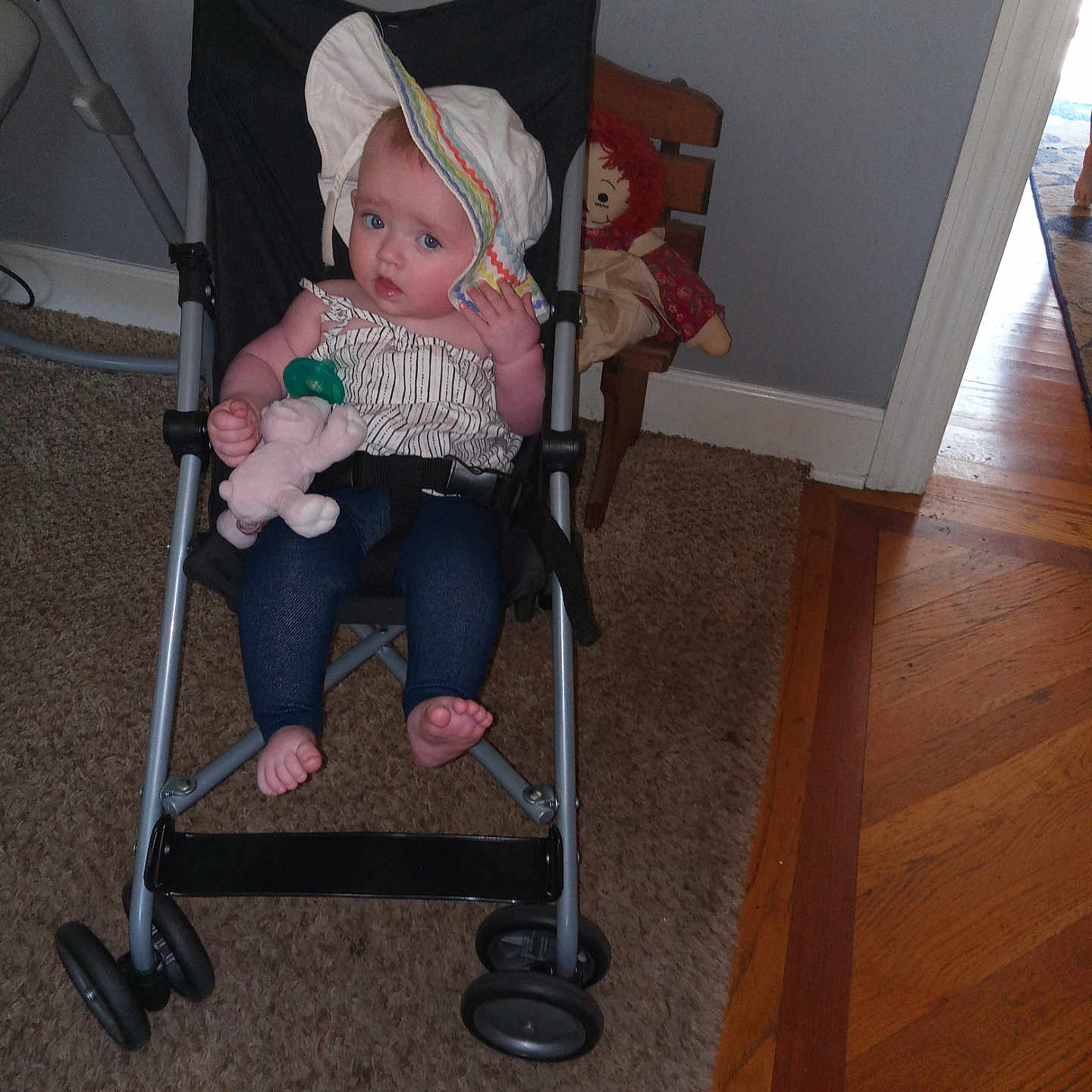 Abigail joined the competition — help win amazing prizes! accessories, baby, bed, bonnet, cap, chair, clothing, face, footwear, furniture, hardwood, hat, head, pants, person, photography, shoe, strap, stroller, wood