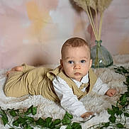 Naël a rejoint le concours — aidez-le/la à gagner de superbes lots ! baby, child, infant, blue_eyes, fluffy_rug, green_leaves, pampas_grass, glass_vase, pastel_background, white_clothing, beige_overall, portrait, indoor, cute, curious, crawling, soft_texture, decor, young, person