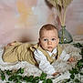 baby, child, infant, blue_eyes, fluffy_rug, green_leaves, pampas_grass, glass_vase, pastel_background, white_clothing, beige_overall, portrait, indoor, cute, curious, crawling, soft_texture, decor, young, person