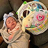 Dai'Lani is registered to the contest to win money with this photo: newborn, baby, sleeping, blanket, headband, bow, gift_basket, toy, pacifier, book, couch, person, indoor, resting, soft, cute, child, wrapped, peaceful, infant