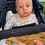 baby, child, stroller, foot, blanket, outdoor, portrait, clothing, cute, face, expression, blue_eyes, person, infant, sitting, toy_pattern, relaxing, daylight, skin, head