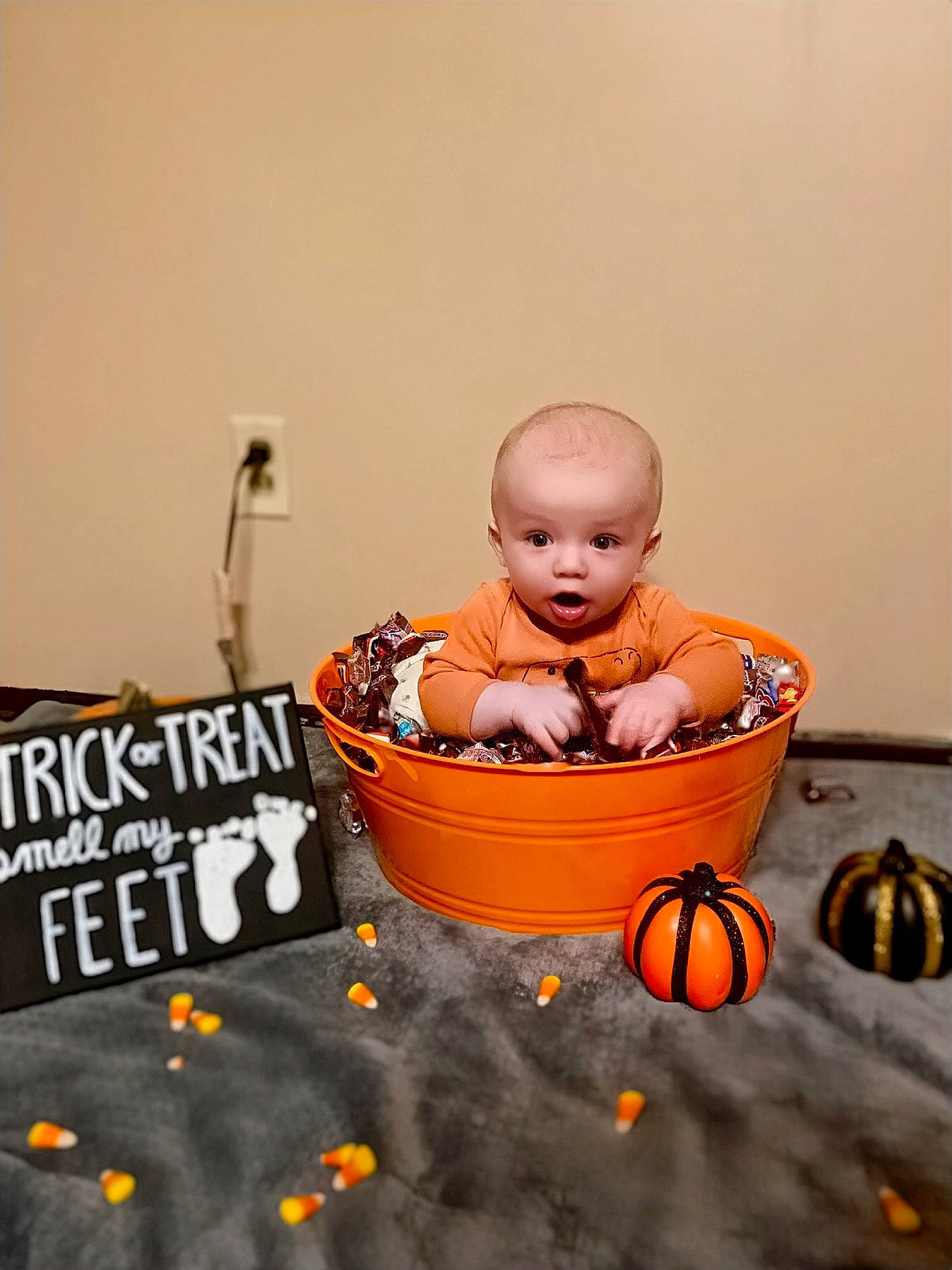 Lukas joined the competition — help win amazing prizes! baby, calabaza, child, orange, person, pumpkin, surprise, toddler