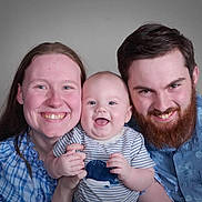 Caeden joined the competition — help win amazing prizes! family, baby, smile, portrait, woman, man, beard, happy, people, clothing, striped_shirt, blue_shirt, indoor, closeup, head, face, parent, child, together, casual