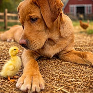 Sam is registered to the contest to win money with this photo: animal, background, barn, brown, curious, cute, dog, duckling, farm, fence, fur, grass, nature, outdoor, pet, puppy, rural, straw, yellow, young