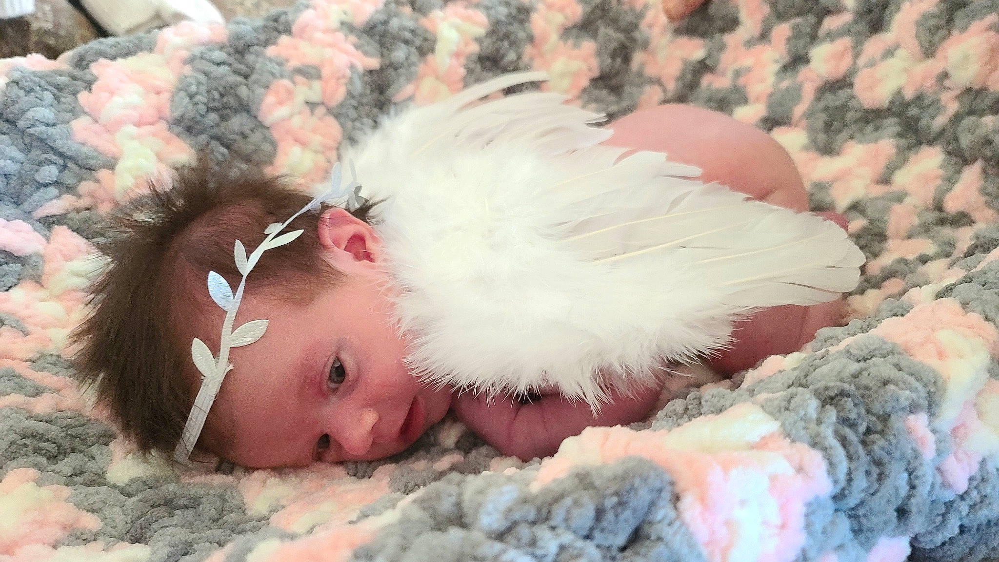 Lucinda is registered to the contest to win money with this photo: baby, child, comfort, doll, dress, eye, face, fashion_accessory, fawn, fur, fur_clothing, hair_accessory, happy, hat, head, headgear, person, petal, pink, plant