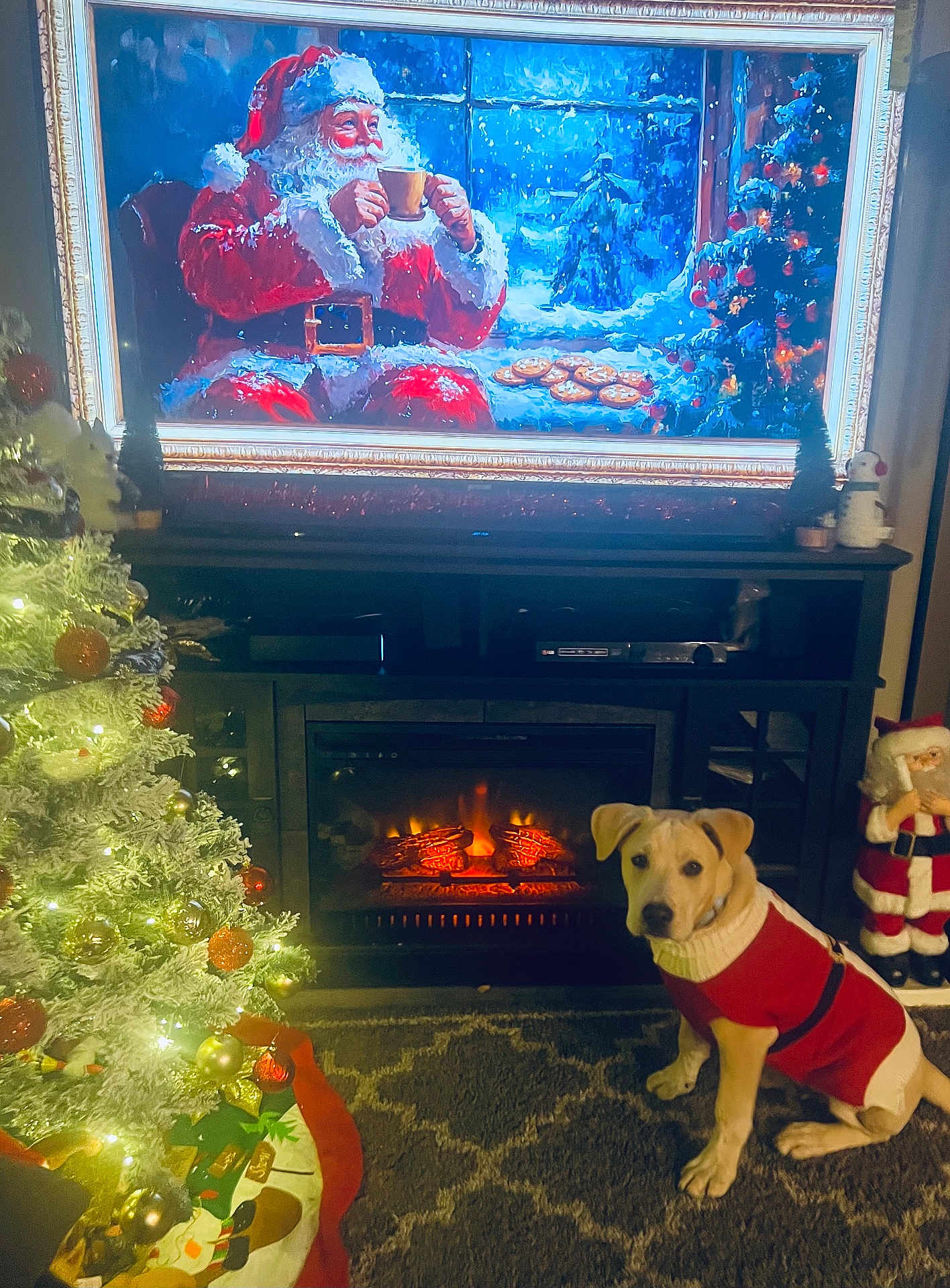 Salem is registered to the contest to win money with this photo: dog, christmas_tree, fireplace, holiday_decorations, television, santa_claus, sweater, carpet, ornaments, lights, indoors, festive, winter, warmth, cozy, decor, puppy, holiday, seasonal, celebration