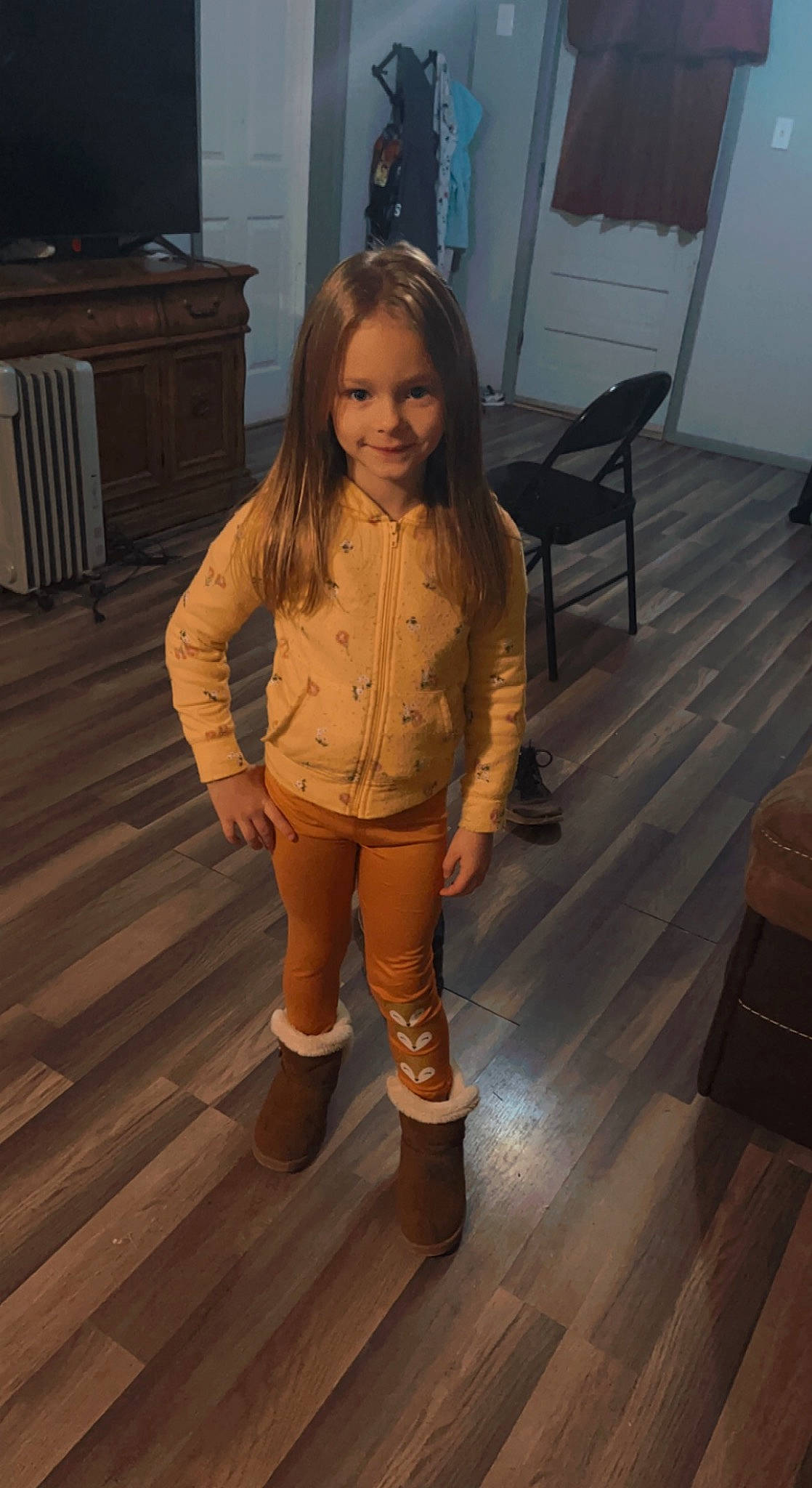 Addison joined the competition — help win amazing prizes! black, blond, face, fashion_design, floor, flooring, hardwood, human_leg, joy, knee, long_hair, person, sleeve, smile, standing, thigh, trunk, varnish, waist, wood