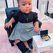 Odyssey is registered to the contest to win money with this photo: accessories, armchair, baby, black_clothing, bow, bracelet, briefcase, carpet, child, coins, cute, fashion, houndstooth, indoor, necklace, portrait, shoes, sock, table, toddler