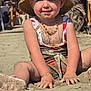 toddler, child, beach, sand, hat, smile, playful, sunny, summer, sitting, swimsuit, necklace, barefoot, outdoor, fun, happy, portrait, vacation, sunhat, cute