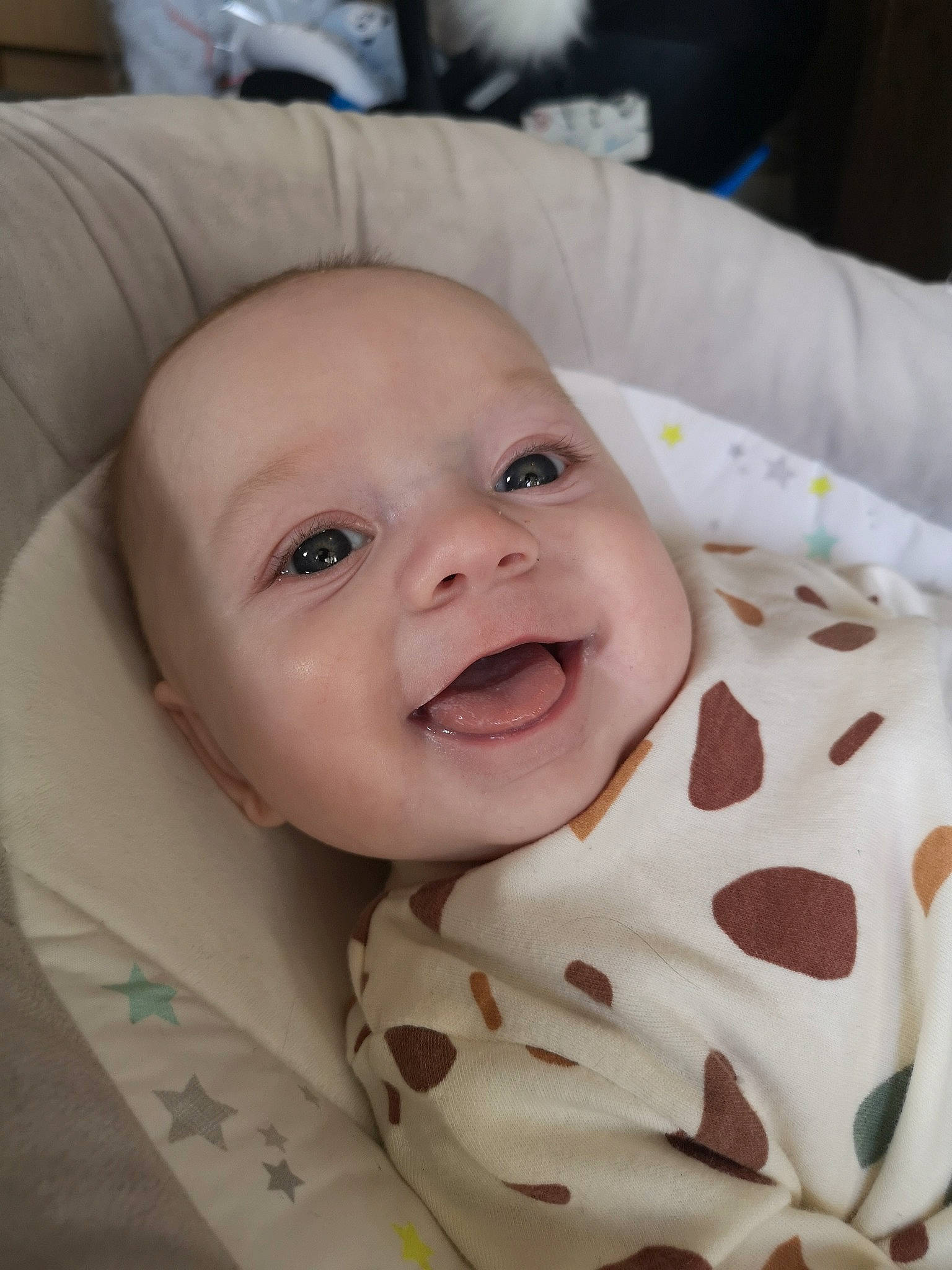 Elijah joined the competition — help win amazing prizes! baby, baby_laughing, baby_toddler_clothing, cheek, child, chin, collar, comfort, event, eye, eyebrow, face, happy, head, iris, linens, person, skin, sleeve, smile