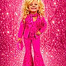 Hope joined the competition — help win amazing prizes! child, smiling, portrait, full_body, costume, pink, glitter, sparkles, blonde_wig, cowboy_style, lasso, jacket, scarf, vest, bell_bottoms, boots, themed_backdrop, studio, bright_lighting, performer