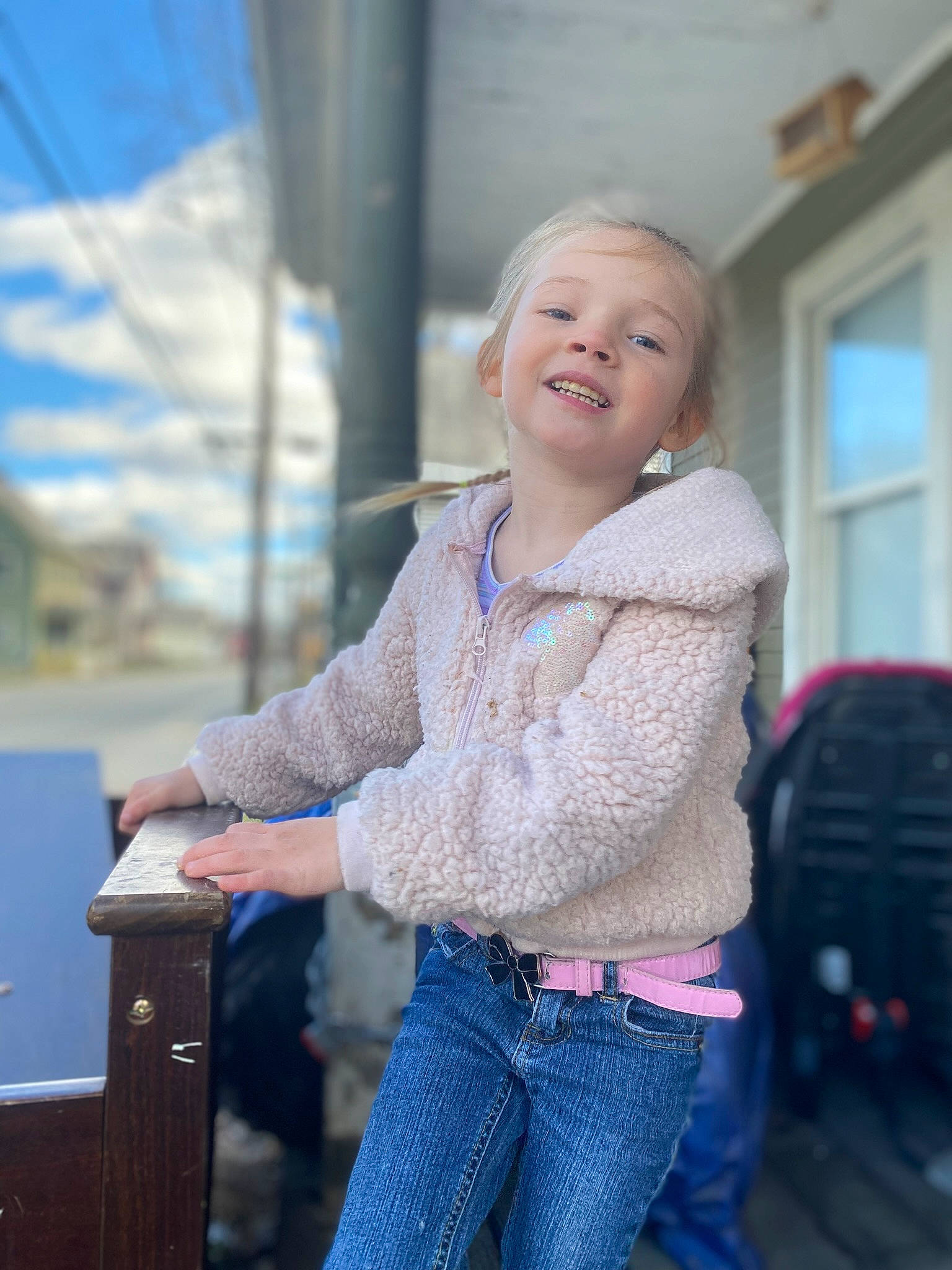 Scarlett is registered to the contest to win money with this photo: blue, child, denim, electric_blue, fun, happy, jeans, joy, leg, leisure, people, person, photograph, recreation, sleeve, smile, snapshot, standing, street_fashion, toddler
