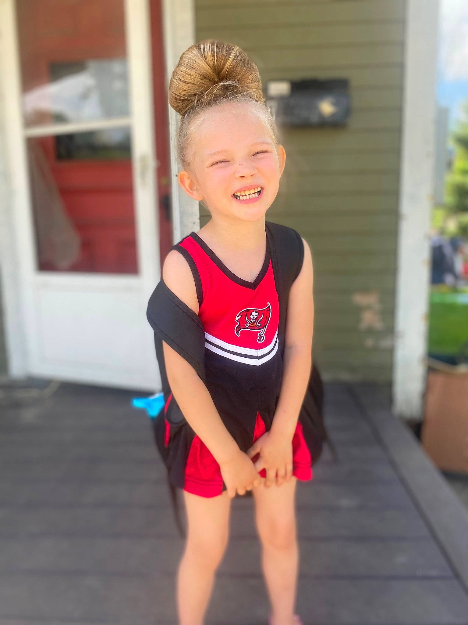 Scarlett joined the competition — help win amazing prizes! athlete, cheerleading_uniform, electric_blue, face, flooring, hair, happy, human_leg, joy, knee, leg, leotard, person, recreation, shoulder, smile, sports_uniform, sportswear, t_shirt, thigh