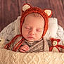 newborn, baby, sleeping, knit_hat, fox_ears, blanket, knitwear, teddy_bear, soft_toys, cozy, portrait, infant, cute, sleep, bed, warm, small_hand, face, headwear, child