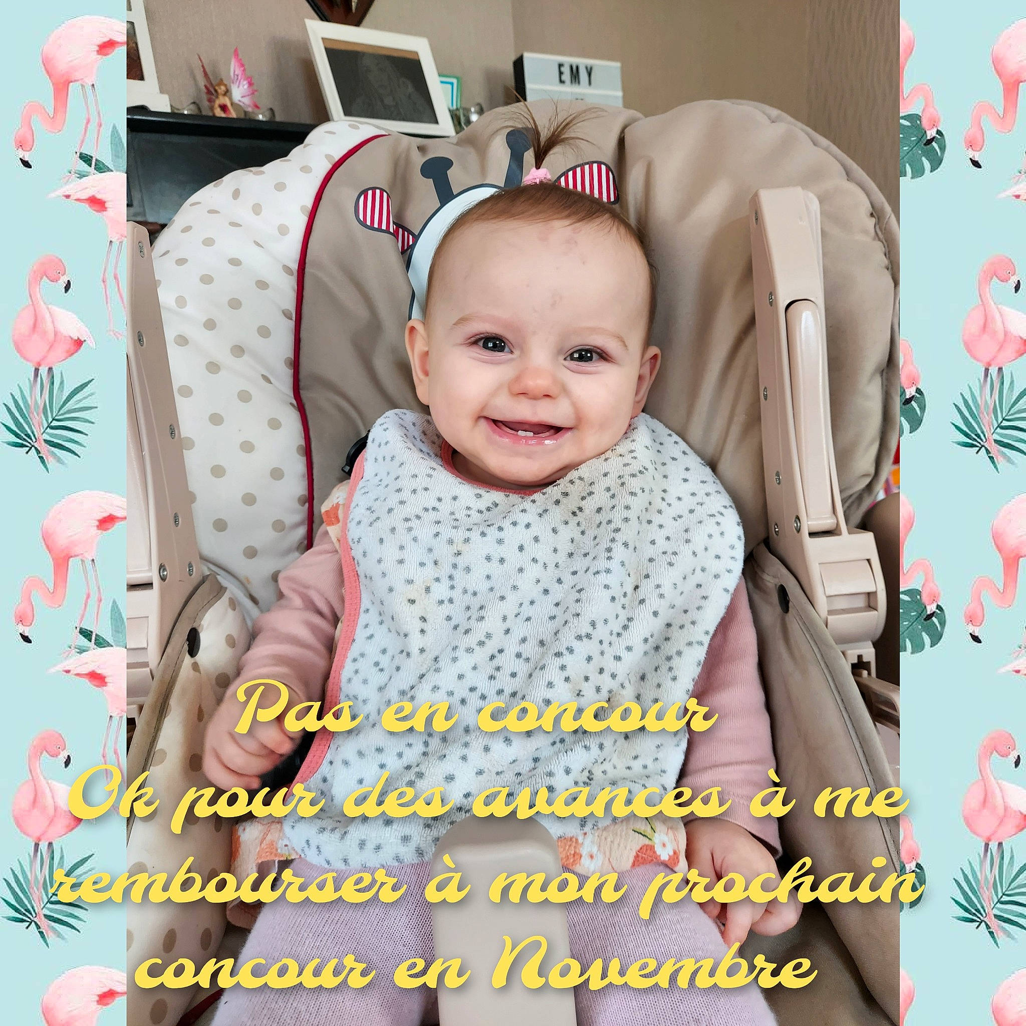 Evangeline a rejoint le concours — aidez-le/la à gagner de superbes lots ! baby, baby_products, baby_toddler_clothing, car_seat, child, font, happy, joy, linens, magenta, outerwear, pattern, person, photo_caption, pink, room, sitting, sleeve, smile, t_shirt