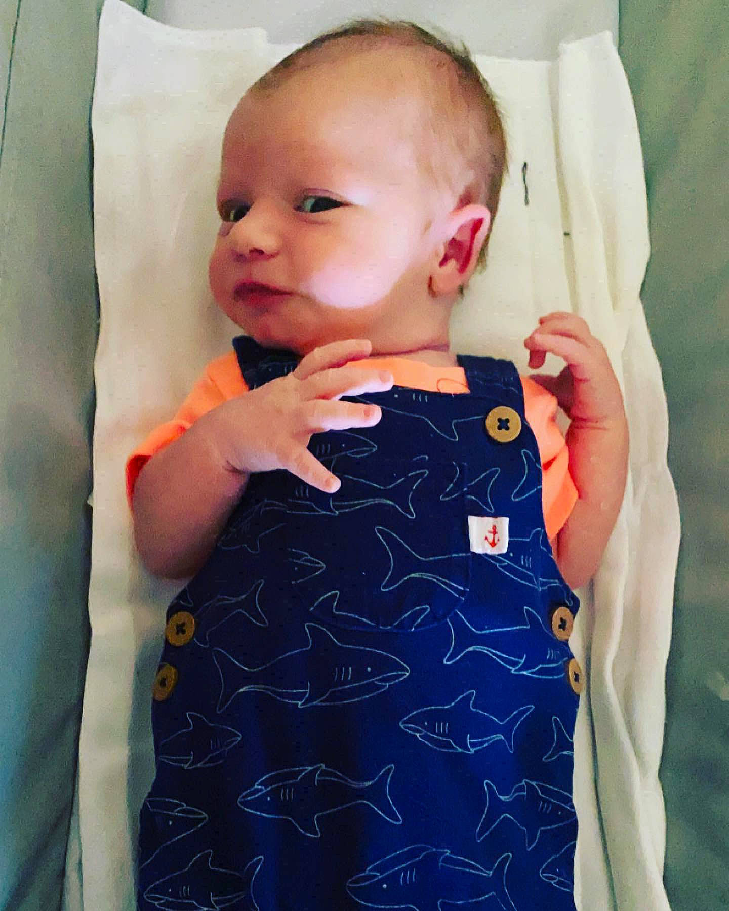 Garrett joined the competition — help win amazing prizes! azure, baby, baby_toddler_clothing, child, comfort, day_dress, design, electric_blue, face, finger, gesture, hand, neck, one_piece_garment, pattern, person, product, skin, sleeve, toddler