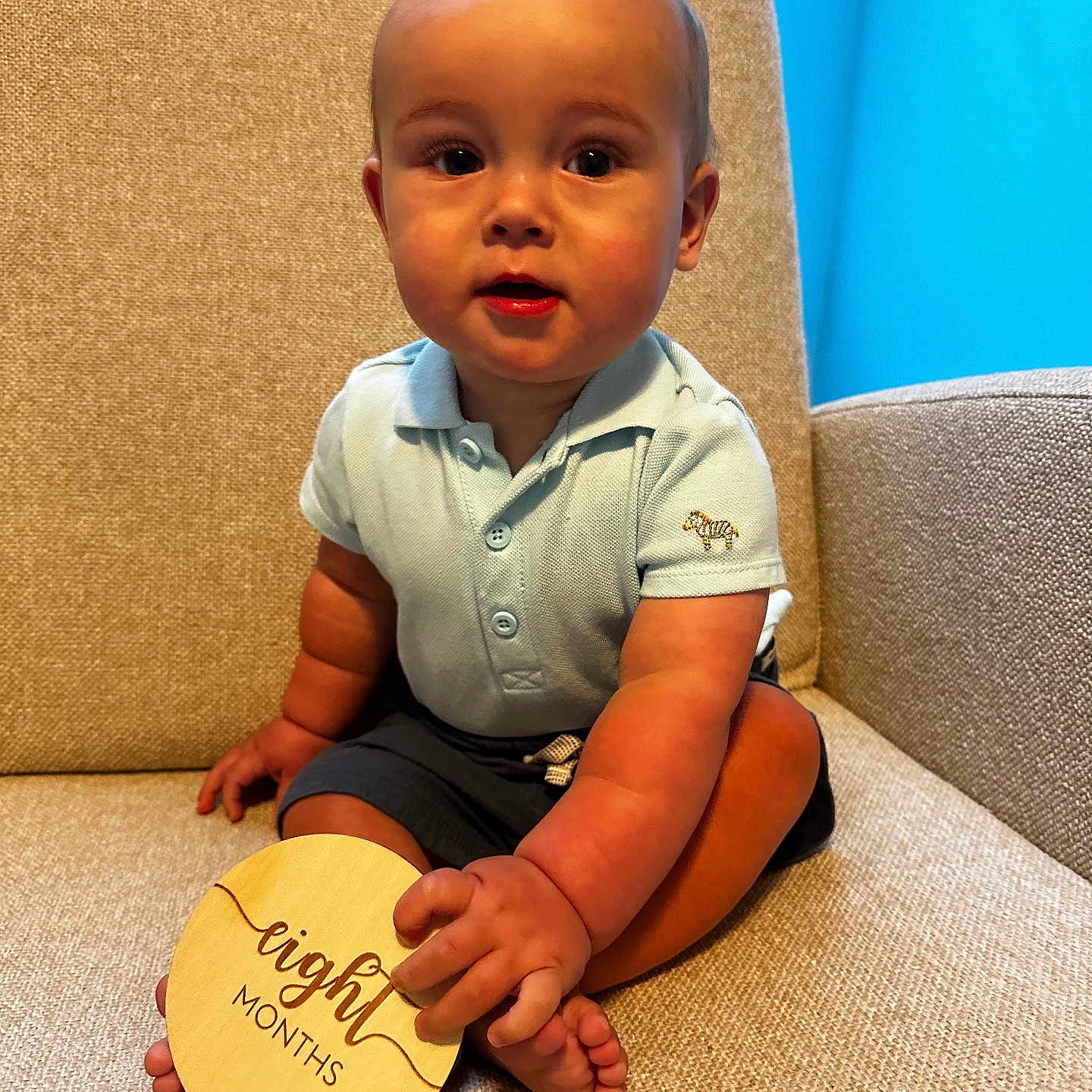 Chayce is registered to the contest to win money with this photo: baby, baby_toys, beige, child, couch, curious, cute, eight_months, feet, hand, indoors, infant, polo_shirt, portrait, shorts, sitting, smiling, soft_lighting, wooden_sign, young_child