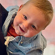 Luke joined the competition — help win amazing prizes! child, toddler, smile, face, denim_jacket, red_sweater, blond_hair, happy, portrait, closeup, cute, person, indoor, baby, young_child, clothing, casual, looking_at_camera, cheerful, human