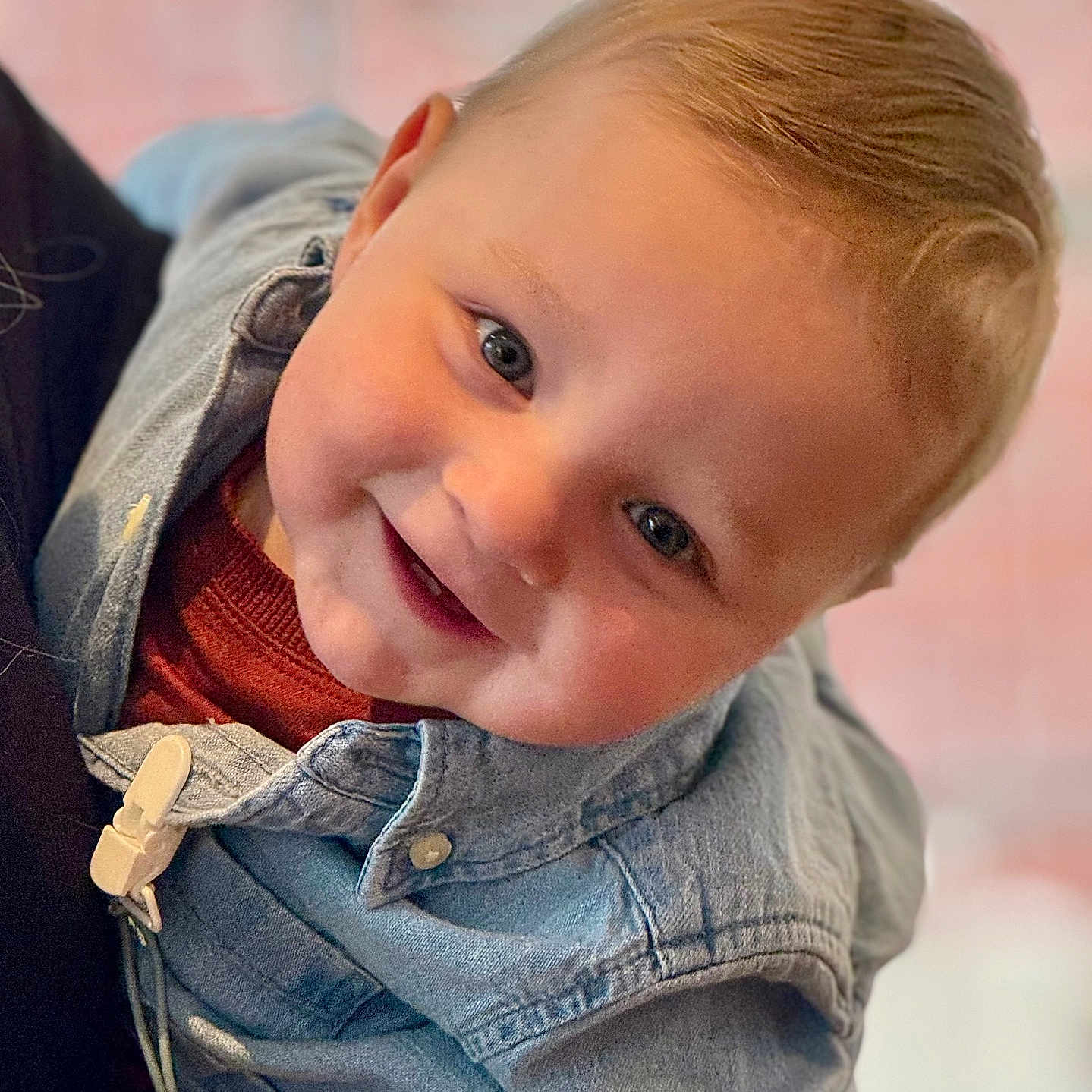 Luke joined the competition — help win amazing prizes! child, toddler, smile, face, denim_jacket, red_sweater, blond_hair, happy, portrait, closeup, cute, person, indoor, baby, young_child, clothing, casual, looking_at_camera, cheerful, human