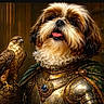 animal, armor, bird, closeup, costume, dog, fancy, feathers, fur, gold, green_cloak, hawk, indoor, jewelry, medieval, noble, pet, portrait, portrait_style, ruffled_collar