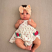 Kallie joined the competition — help win amazing prizes! baby, infant, child, bow_headband, watermelon_pattern, dress, cute, lying_down, texture_background, skin, foot, hand, pout, adorable, fashion, portrait, indoors, small_person, expression, headwear