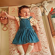 Lou a rejoint le concours — aidez-le/la à gagner de superbes lots ! baby, infant, denim_dress, socks, smiling, plush_toy, changing_mat, nursery, woodland_pattern, soft_toy, baby_bunny, raised_arm, cute, child, indoors, cozy, pink_towel, baby_clothing, newborn, happy