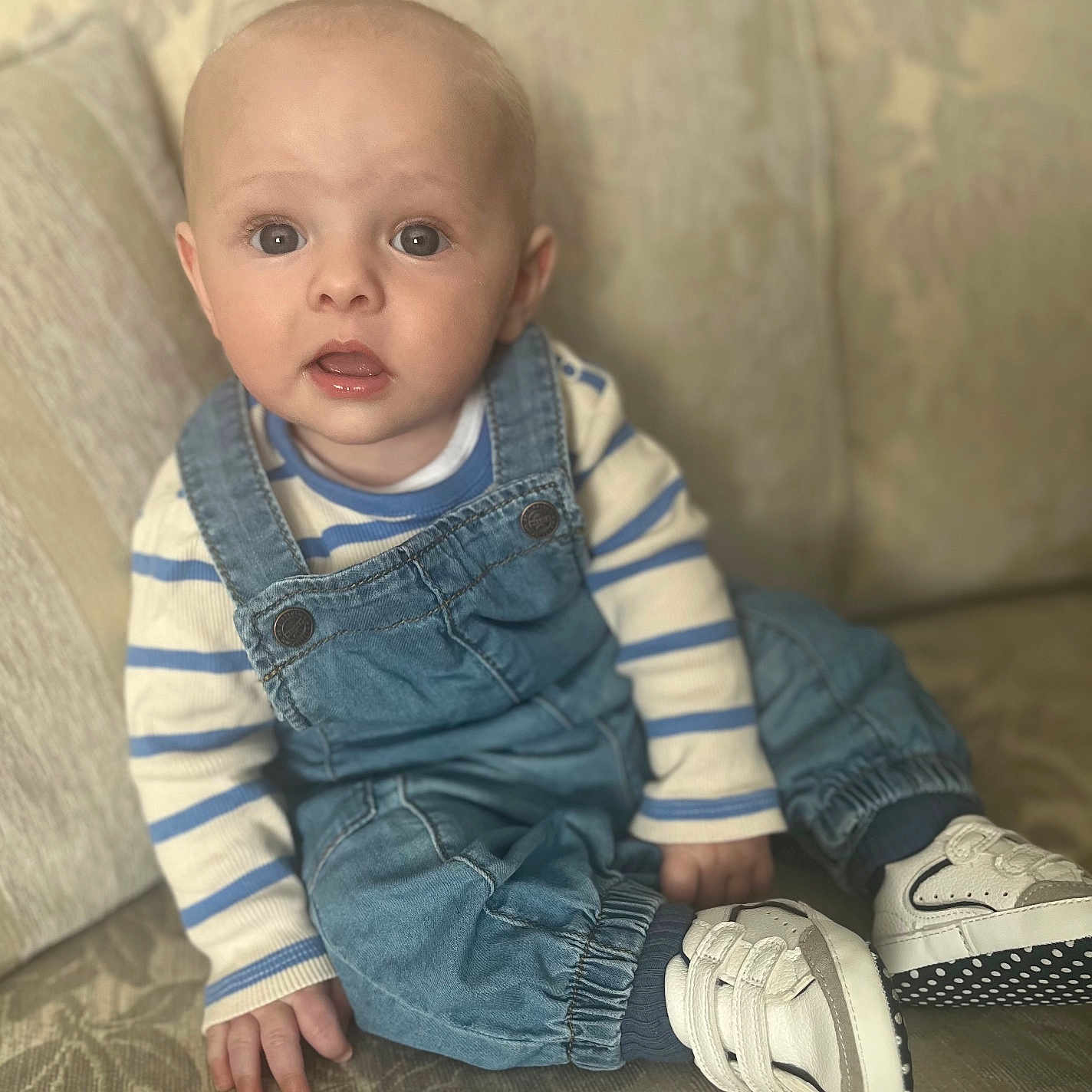 Sonny is registered to the contest to win money with this photo: baby, blazer, clothing, coat, couch, crawling, face, footwear, furniture, head, jacket, jeans, pants, person, photography, portrait, shoe, shorts, sitting, sneaker
