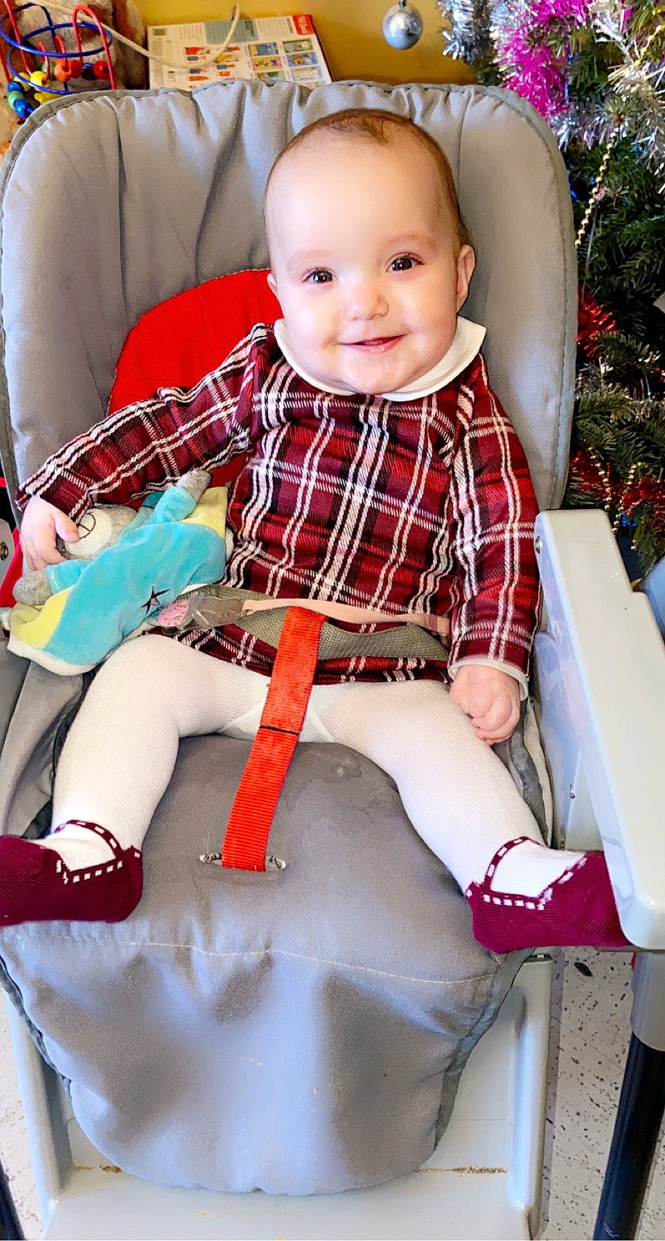 Kelsy participe au concours pour gagner de l'argent avec cette photo : baby_toddler_clothing, collar, face, hair, happy, head, joy, knee, leg, person, plaid, red, skin, sleeve, smile, sock, standing, tartan, thigh, tie
