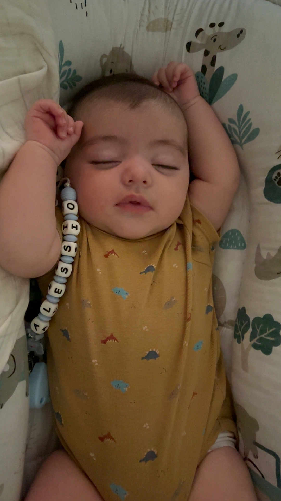 Alessio a rejoint le concours — aidez-le/la à gagner de superbes lots ! baby, sleeping, onesie, dinosaur_pattern, pacifier_clip, cushion, animal_print, infant, child, soft_fabric, peaceful, resting, cute, indoors, closeup, portrait, comfort, nursery, young_child, relaxation