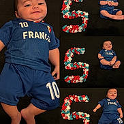 Alessio participe au concours pour gagner de l'argent avec cette photo : baby, baby_boy, black_background, blue_clothing, child, collage, colorful, cute, flower_petals, france, happy, infant, letter_s, lying_down, multiple_poses, number_10, portrait, smiling, soccer_uniform, sportswear
