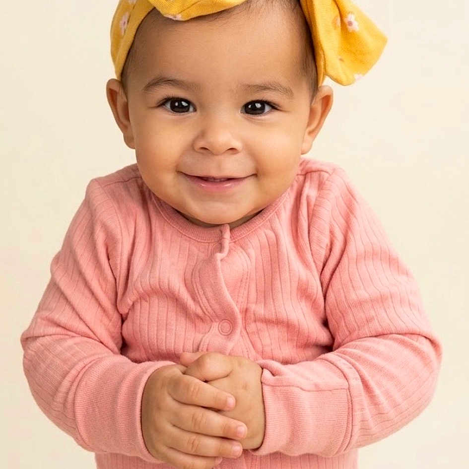 Skye is registered to the contest to win money with this photo: toddler, child, baby, smile, face, headband, yellow_bow, pink_clothing, long_sleeve, hands, portrait, cute, happy, infant, studio, neutral_background, young_child, person, indoors, fashion