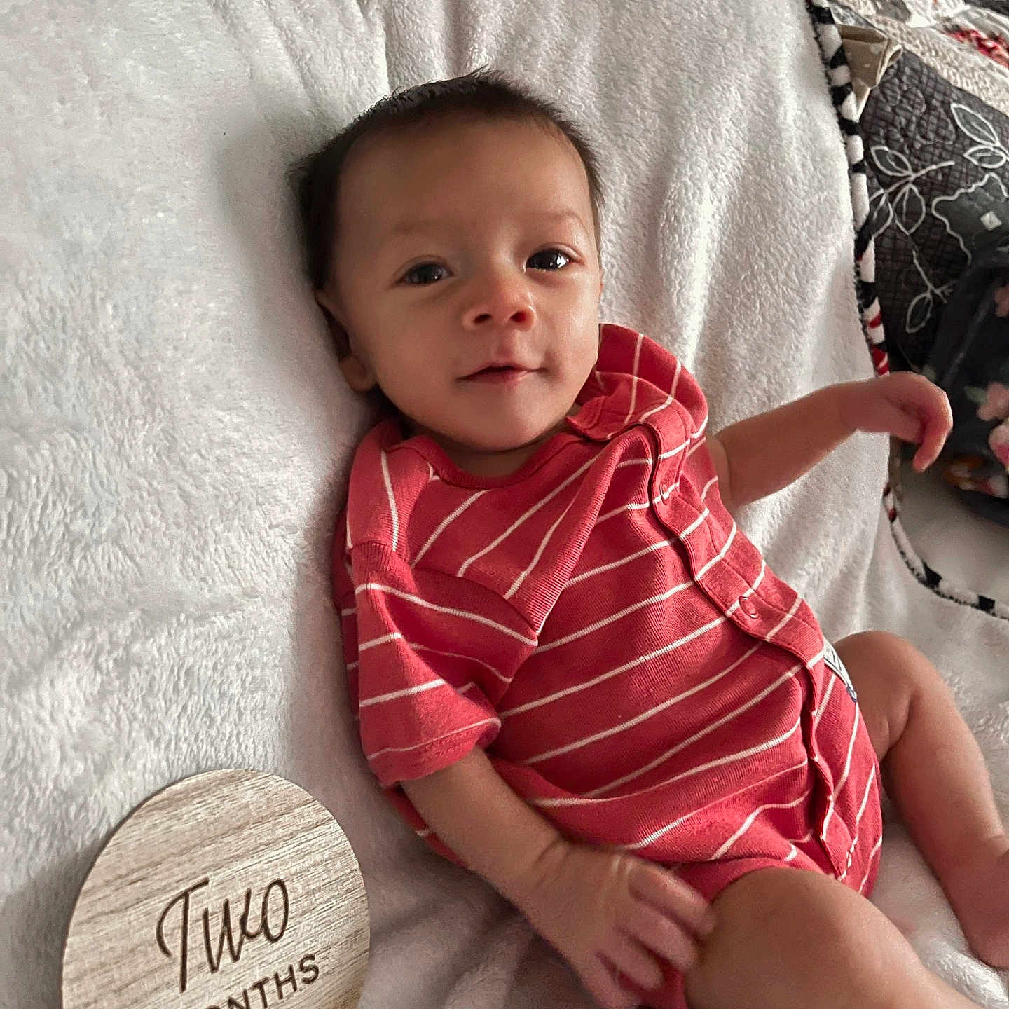 Dutch is registered to the contest to win money with this photo: baby, baby_boy, blanket, cute, face, hand, head, indoor, infant, leg, milestone, onesie, portrait, red_clothing, resting, smile, soft_texture, striped_clothing, two_months, wooden_marker