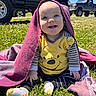 Johnny joined the competition — help win amazing prizes! baby, child, smiling, outdoor, grass, blanket, yellow_shirt, winnie_the_pooh, striped_clothing, socks, sunny, blue_sky, truck, vehicle, toy, happy, cute, portrait, sitting, daylight