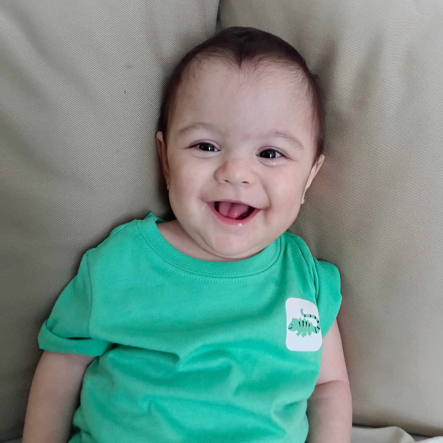 Liam joined the competition — help win amazing prizes! baby, casual_wear, child, comfortable, couch, cute, eyes, face, green_clothing, happy, head, indoor, infant, mouth, person, portrait, sitting, skin, smiling, young_child