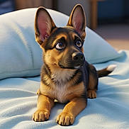 Pochita is registered to the contest to win money with this photo: dog, puppy, canine, pet, portrait, big_ears, brown_fur, black_fur, white_chest, paws, blanket, bed, cute, wide_eyes, nose, indoor, cozy, looking_up, adorable, soft_lighting