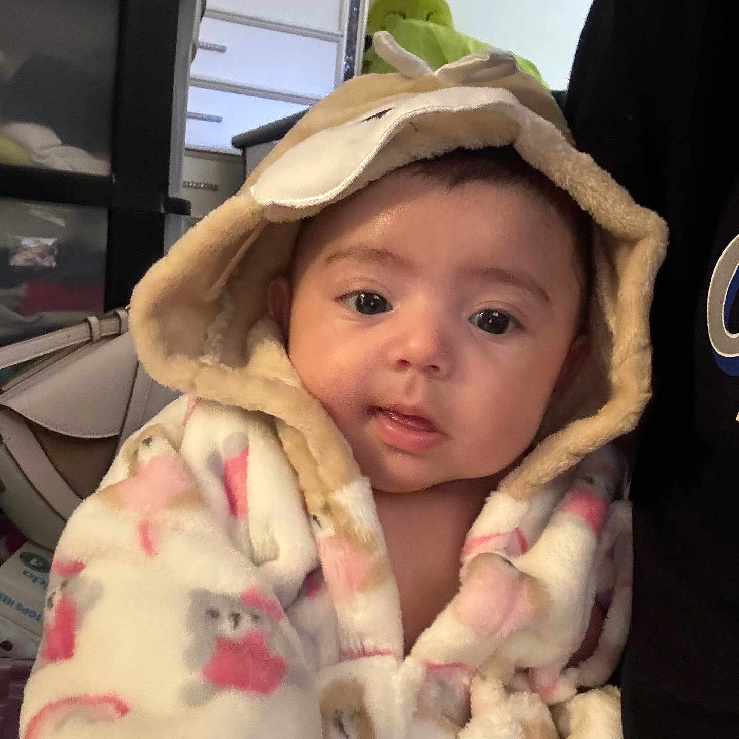 Joy Anna is registered to the contest to win money with this photo: animal_ears, baby, child, cozy, curious, cute, drawer, expression, face, fluffy, furniture, home, hooded_robe, indoor, infant, person, portrait, soft_toy, warm_clothing, young_child