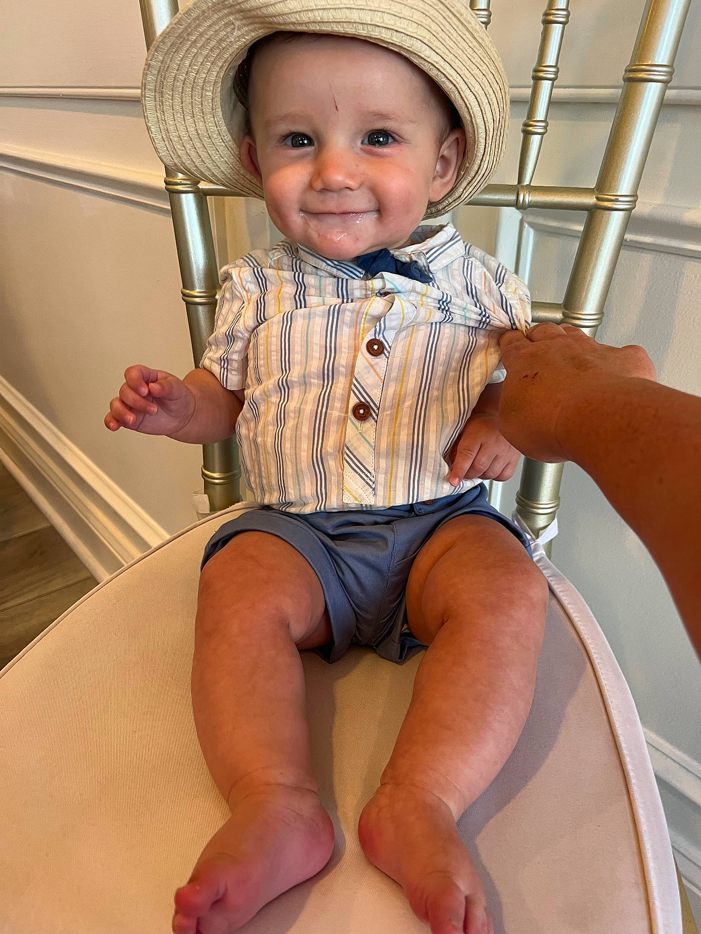 Jameson joined the competition — help win amazing prizes! baby, beachwear, blouse, bodypart, clothing, face, finger, furniture, hand, happy, hat, head, pants, person, photography, portrait, shorts, sitting, smile, sunhat