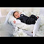 baby, infant, child, suit, formal_wear, bed, blanket, cotton, fluffy, white, portrait, cute, small, lying_down, studio, soft_texture, sleepy, adorable, indoors, resting