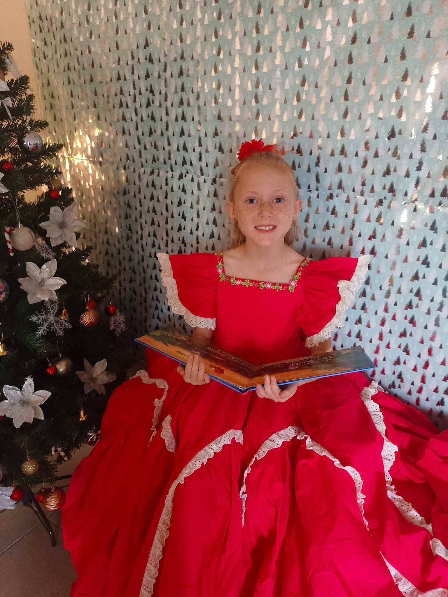 Destiny joined the competition — help win amazing prizes! christmas_tree, day_dress, dress, embellishment, event, fashion_design, formal_wear, fun, gown, happy, joy, magenta, ornament, pattern, person, pink, ruffle, sleeve, smile, textile