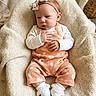 baby, child, infant, portrait, sitting, chair, blanket, headband, bow, overalls, clothing, socks, lace, indoors, cozy, nursery, furniture, smiling, full_body, photography