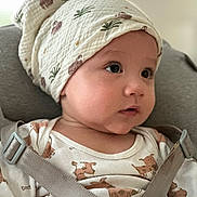 Jae-Oh a rejoint le concours — aidez-le/la à gagner de superbes lots ! baby, infant, child, hat, onesie, animal_print, sloth_pattern, dog_pattern, car_seat, straps, face, eyes, mouth, skin, clothing, seat, indoor, cute, portrait, closeup