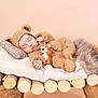 baby, sleeping, knitted_outfit, bear_ears, teddy_bear, blanket, wooden_bench, fur_texture, cozy, cute, infant, child, soft_lighting, portrait, peaceful, resting, neutral_background, warm_colors, handmade_clothing, studio_photo