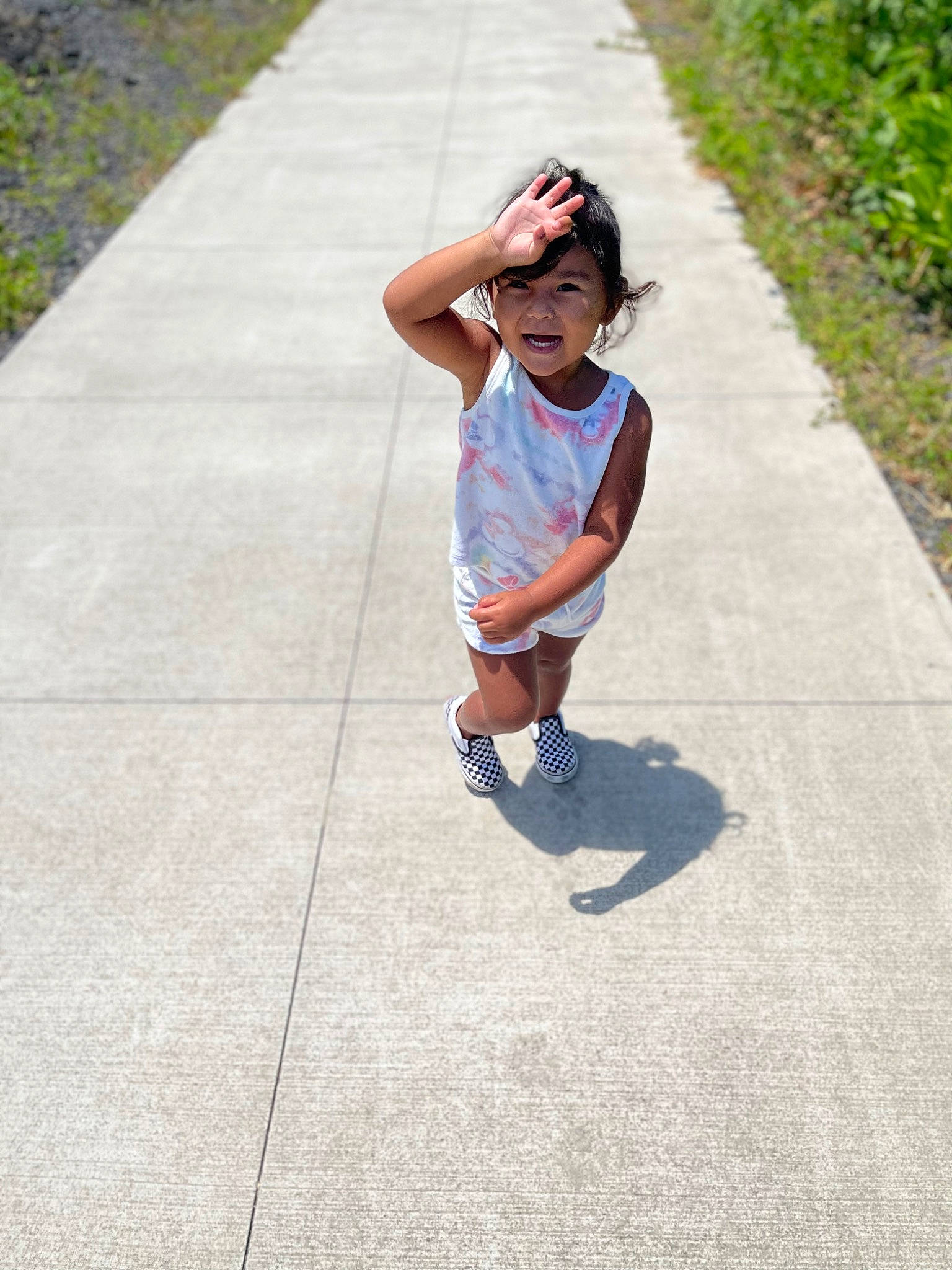 Aiko joined the competition — help win amazing prizes! asphalt, baby, child, concrete, grass, happy, headwear, human_leg, leisure, pattern, person, plant, recreation, road, road_surface, shadow, shorts, sidewalk, street, t_shirt