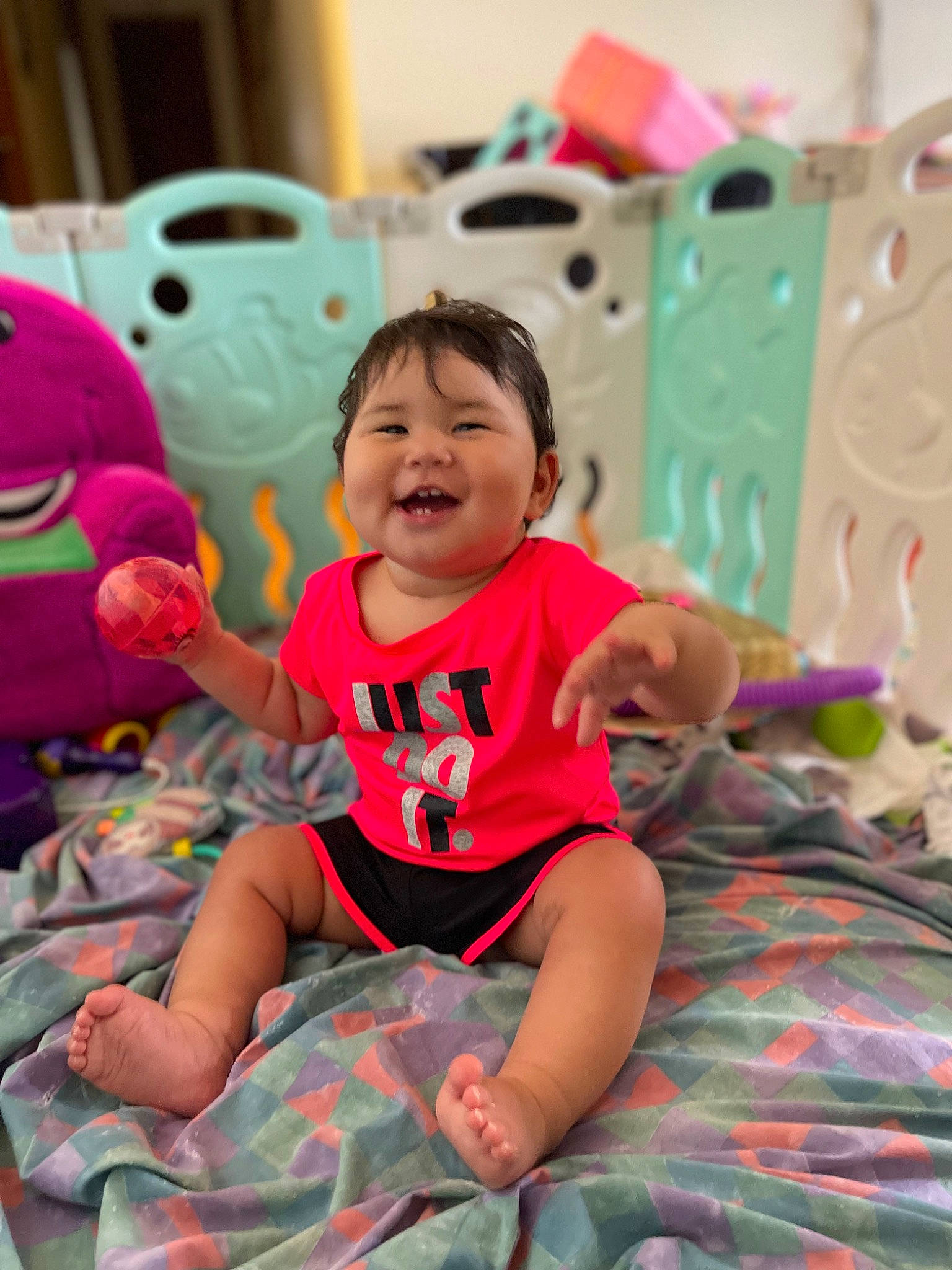 Kairie joined the competition — help win amazing prizes! baby_toddler_clothing, child, event, fun, happy, head, human_body, joy, leisure, magenta, person, pink, play, purple, recreation, shorts, skin, smile, t_shirt, textile