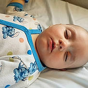 Journey joined the competition — help win amazing prizes! baby, sleeping, onesie, blue_trim, cartoon_characters, polka_dots, bed, white_bed_sheet, infant, face, peaceful, child, soft_lighting, closeup, portrait, resting, cute_clothing, newborn, indoor, cozy